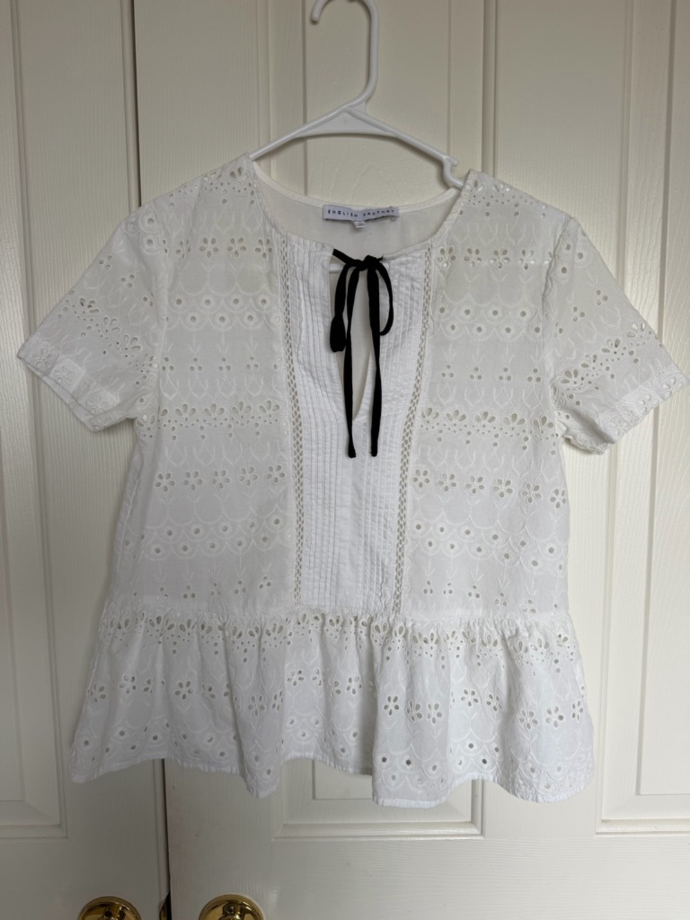 English Factory White Eyelet Peplum Blouse with Black Tie